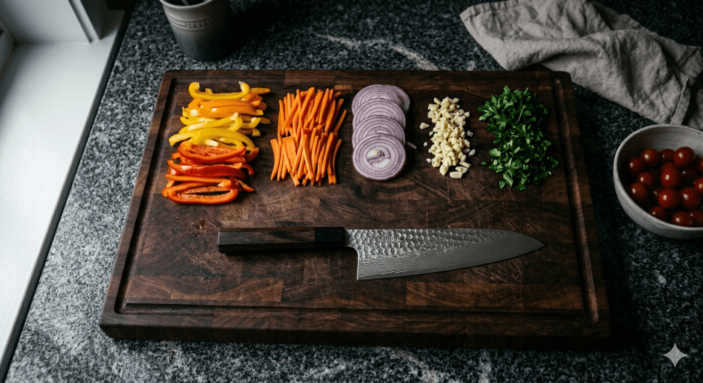 Prepped vegetables and a chef’s knife on a dark wood cutting board